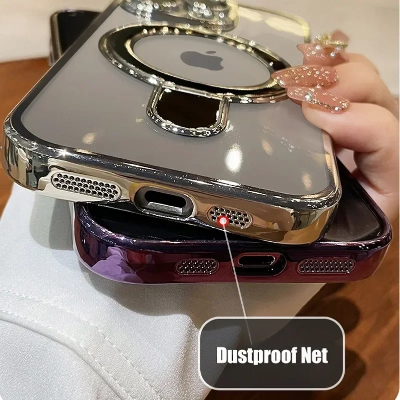 Transparent Fold Holder Phone Case with Magsafe Magnetic Cover and Glass Lens Film