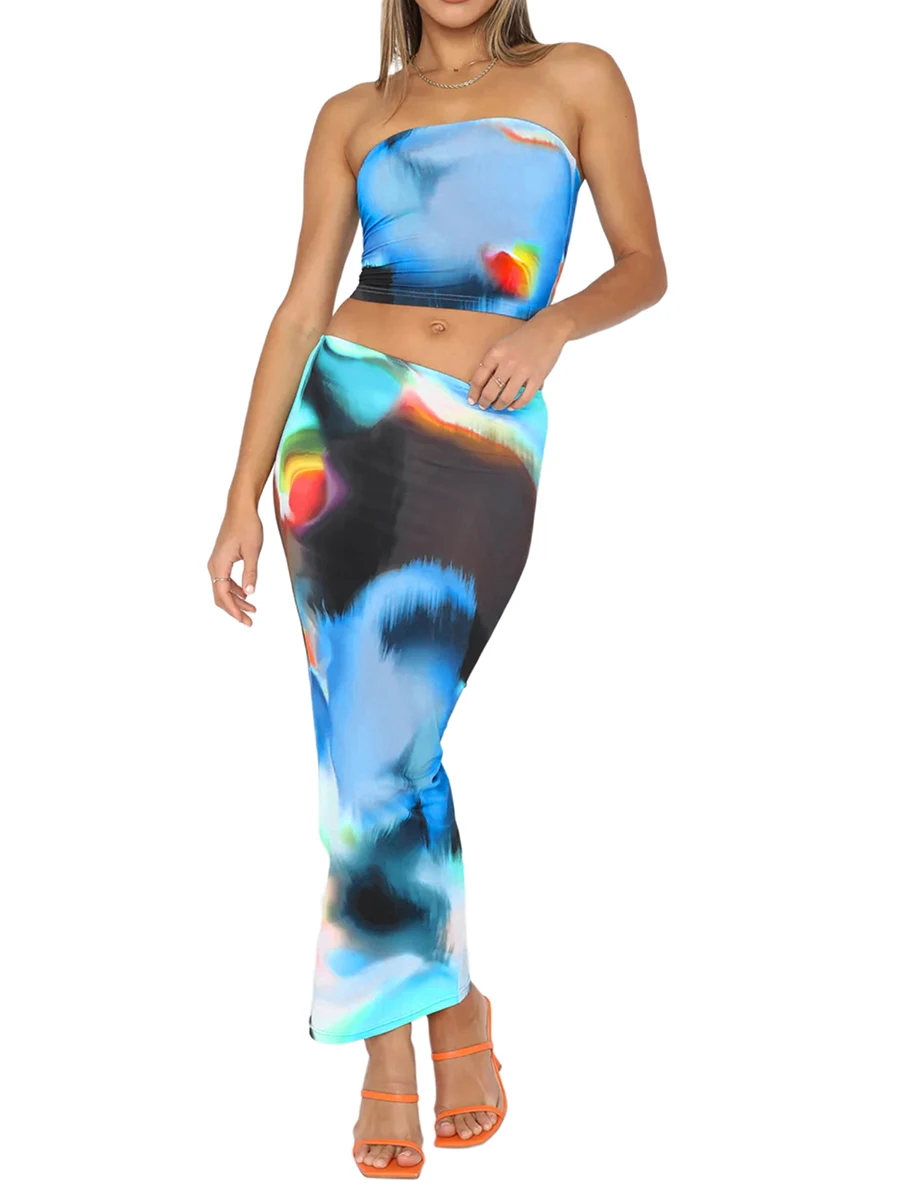 

Women 2 Piece Skirts Set Sleeveless Crop Tops and Bodycon Maxi Long Skirt Suit Outfit Set