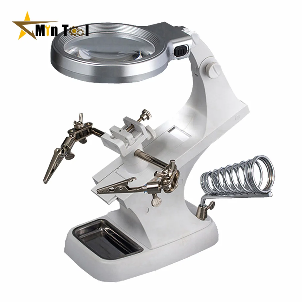 

3 Hand Soldering Iron Stand Welding Tool With Magnifying Glass Illuminated LED Alligator Clip Holder IC Chip Repair Tool Tool