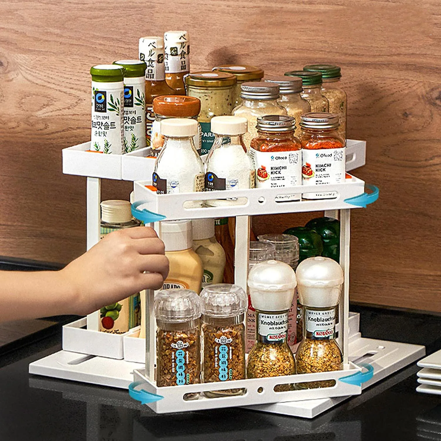 Multifunctional Rotating Kitchen Cabinet Spice Rack Single/Double Layer  Plastic Slide Cupboard Organizer Tray for Seasoning Herb