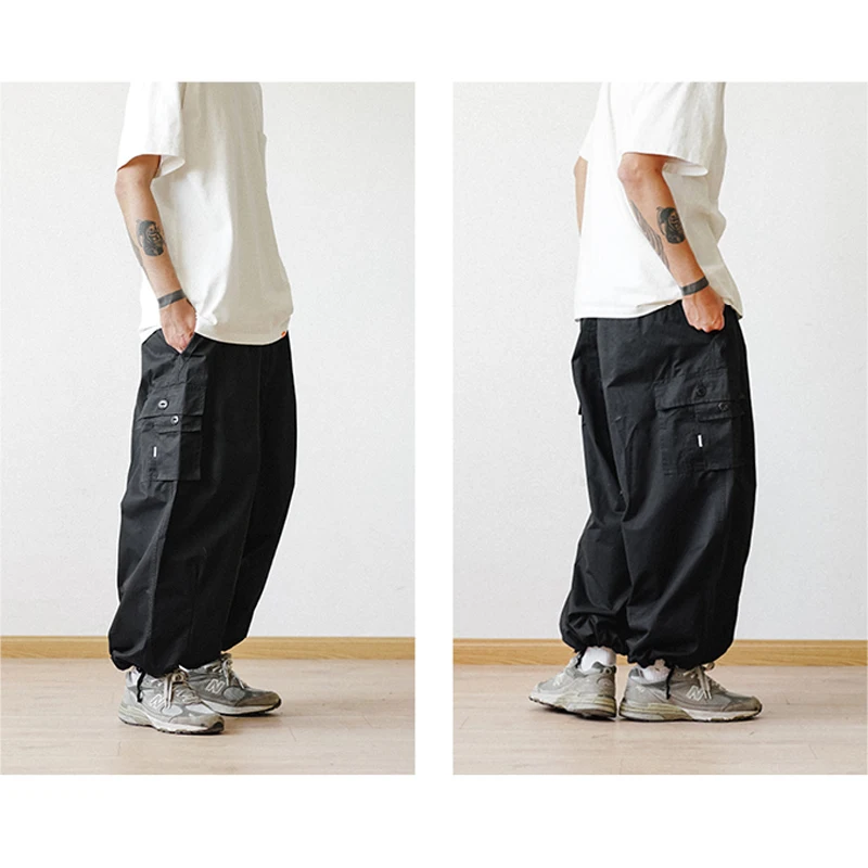 Multi-Pocket Cargo Pants Men's Casual Solid Colour Straight Pants Baggy Wide-leg Cropped Men Ankle-length