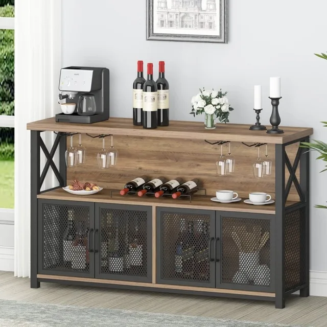 Sideboard With Wine Glass Storage 3-Tier Wine Bar Cabinet With LED