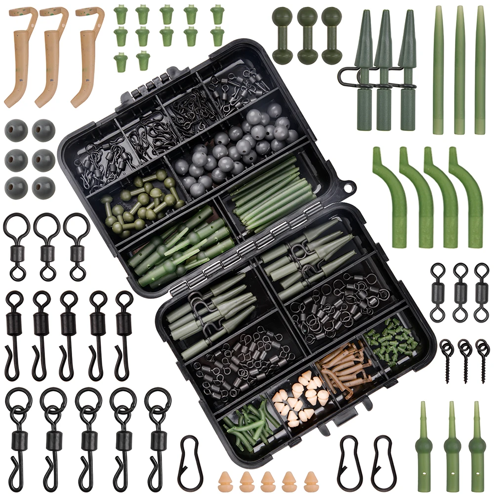 

230Pcs Carp Fishing Tackle Box Kit Carp Fishing Rigs Carp Swivel Snaps Helicopter Rigs Leader Clips Rubber Sleeves Accessories
