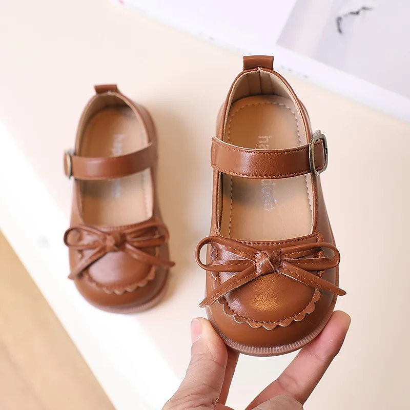 Toddler Kids Mary Janes Spring Pure Color Children Leather Shoe Round Toe Boeknot Ruffles 21-30 Chic Girl's Shoe leather shoes mary jane shoes girls shoes