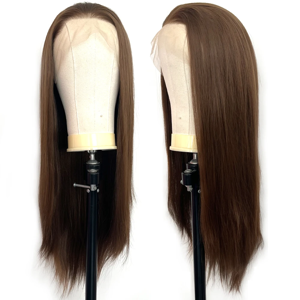 Voguequeen Medium Auburn Brown Synthetic Lace Front Long Straight Smooth Heat Resistant Fiber Cosplay Wig For Costume Party