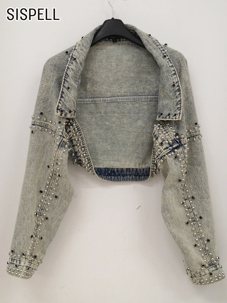 

SISPELL Denim Jackets For Women Lapel Long Sleeve Patchwork Rivet Temperament Jacket Female Fashion Autumn Fashion Style 2022