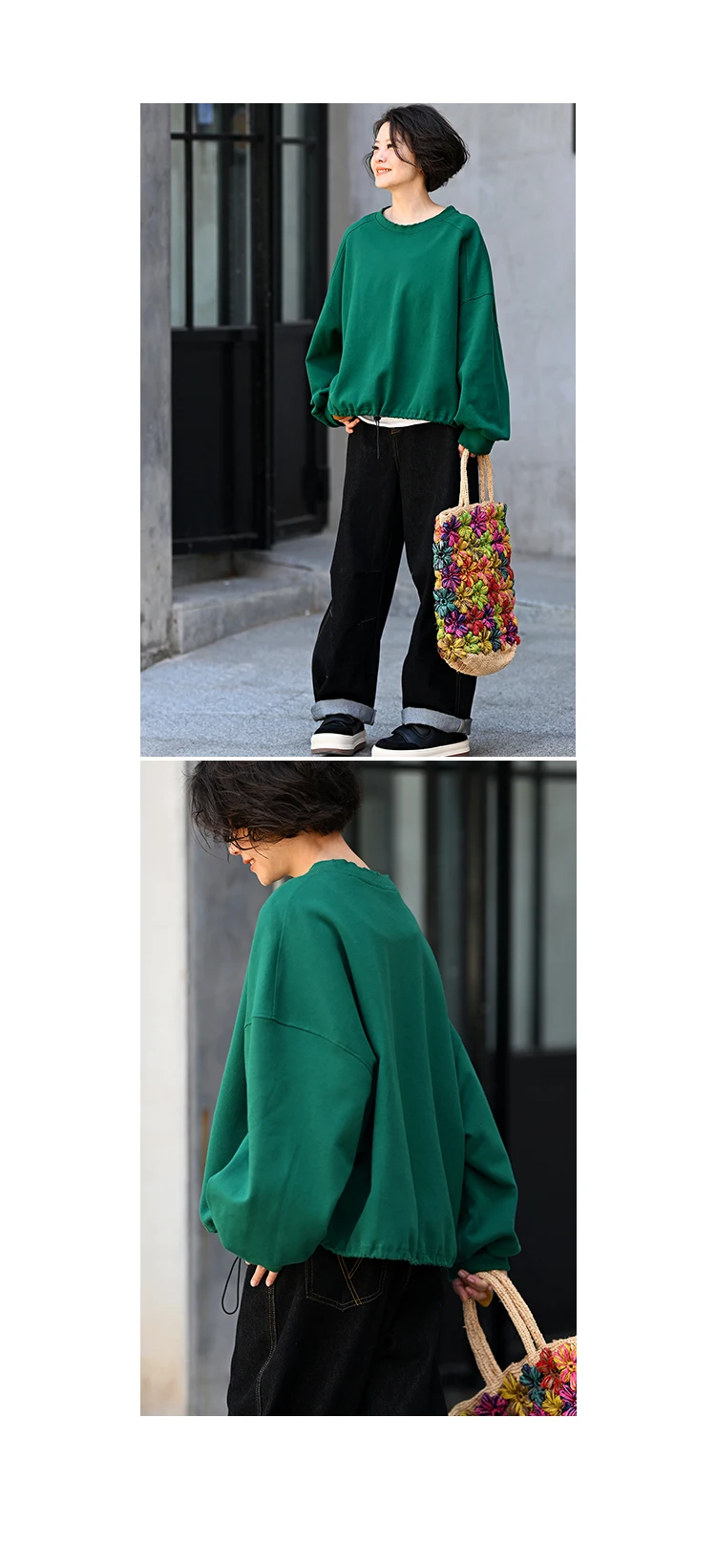 R7151C Artistic Retro Brushed Drawstring Round Neck Pullover Loose Batwing Sleeve Short Sweatshirt for Women Autumn