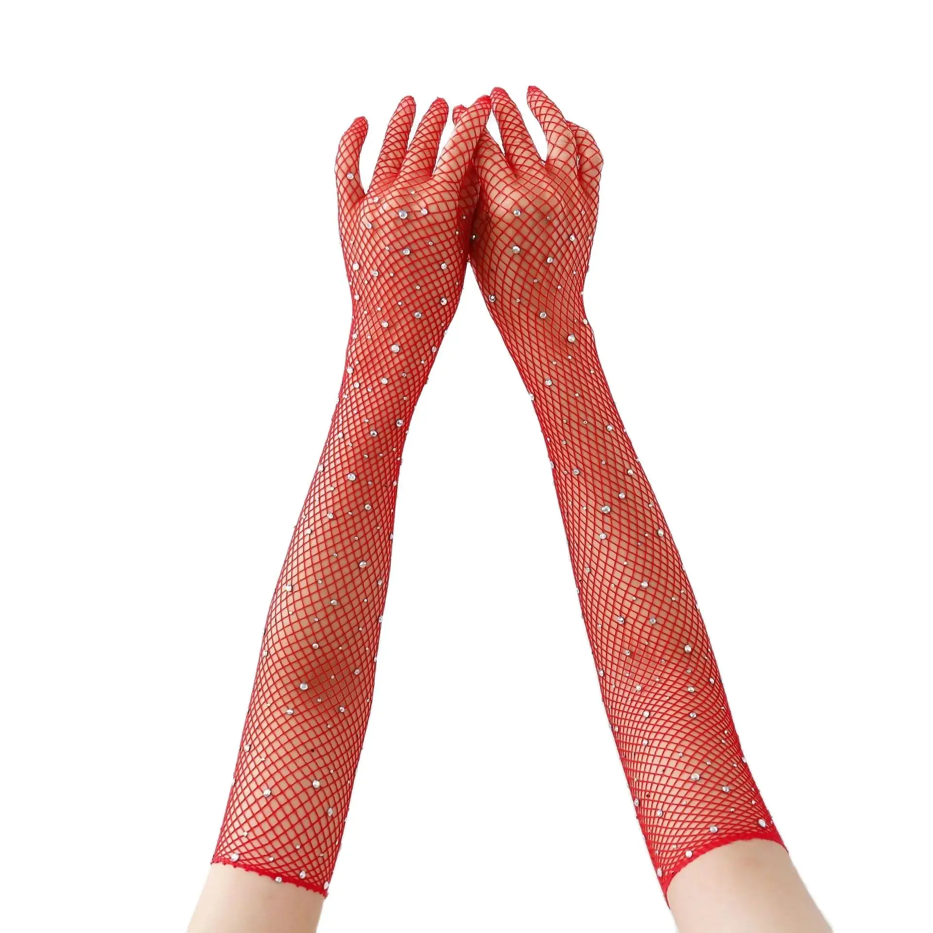 Black White Red Long Mesh Gloves With Rhinestones Hollow Fishing Net Women's Gloves Finger Fancy Cosplay Fishnet,lace gloves