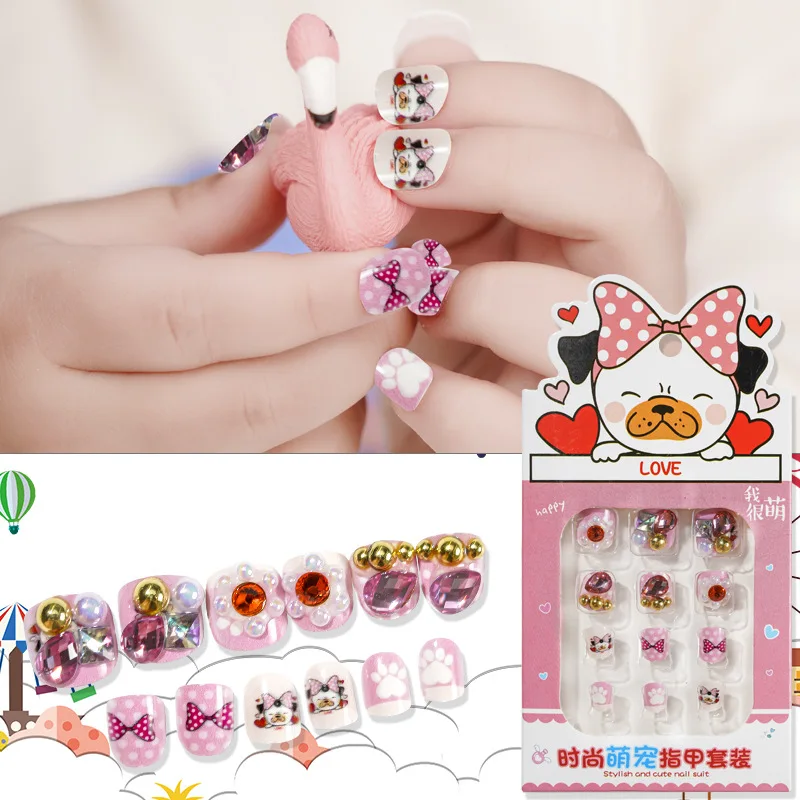 

12pcs/Box Cute Cartoon False Nails for Children Wearable Rhinestone Fake Nails with Animal Pattern Kids Nail Tips Press On Nails