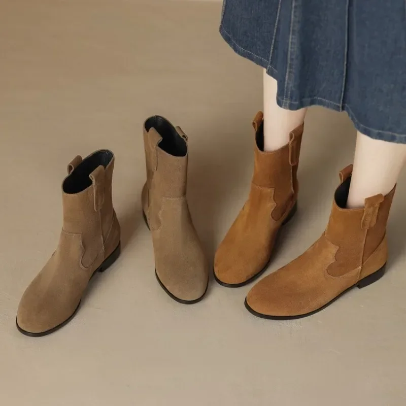 

2023 Women Ankle Boots Suede Leather Round Toe Slip on Boots Office Lady Autumn Winter Soft Shoes for Female Retro Botas Mujer