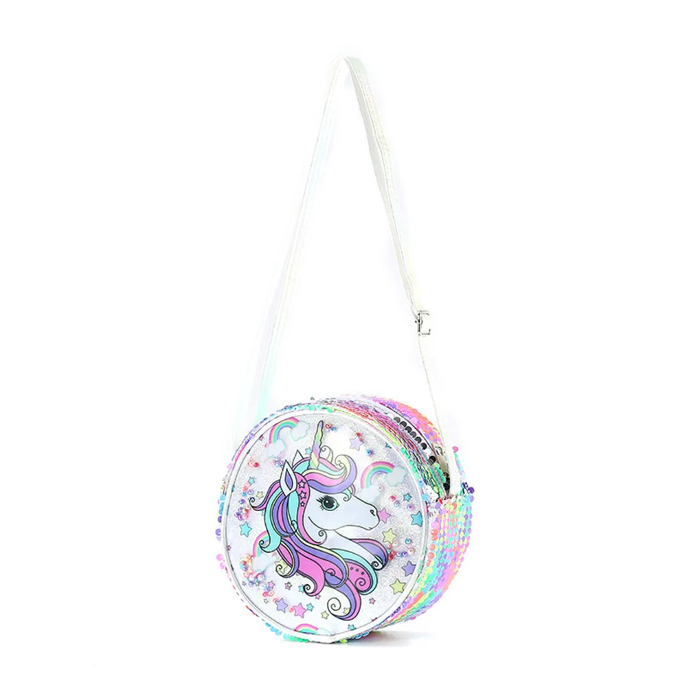 Kids Shoulder Bag Girls Sweet Cartoon Pattern Sequin Crossbody Bags Fashion Unicorn Casual Outing Versatile Round Bag