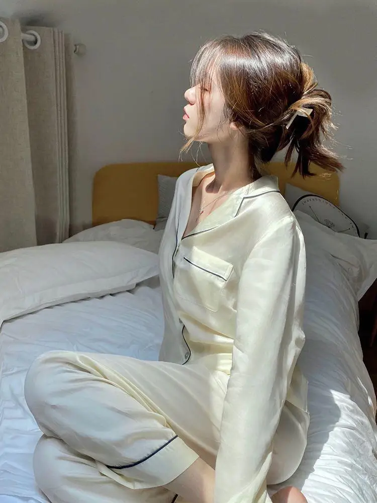 Damen bekleidung vier Jahreszeiten Französisch Senior Sense Pyjama Mädchen Sommer modelle seidig glatt Eis Seide Dünn schnitt von Homewear Set – Detail 3