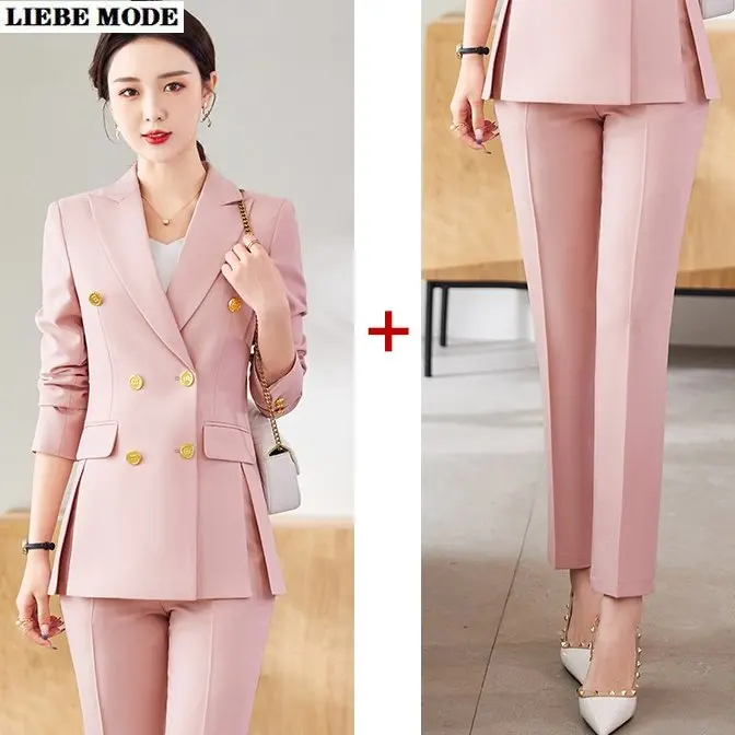 

Pink Black Khaki Women Business Pant Suit Double Breasted Blazer Jacket and Trouser Office Ladies Work Wear Formal 2 Piece Set