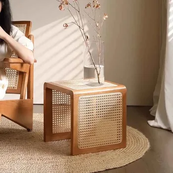 Living Room Sofa Footstool Shoe Changing Stool Solid Wood Rattan Stools Vintage Furniture Rattan Storage Rack Side Tables