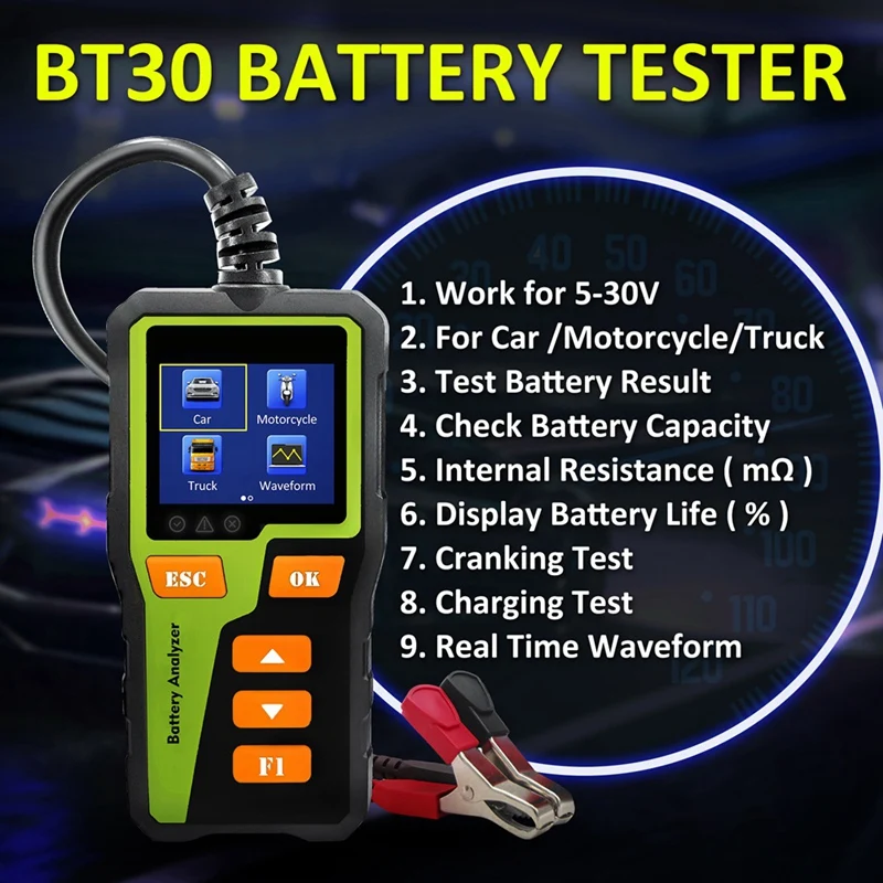 BT-30 배터리 테스터 부하 테스터, 대부분의 배터리용 디지털 자동차 배터리 분석기, 블랙 및 그린, 1 개
