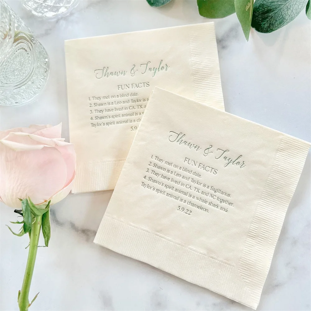 

50PCS Fun Facts Personalized Wedding Napkins - Bridal Shower - Rehearsal Dinner - Engagement Party Napkins - Wedding Bar Napkins