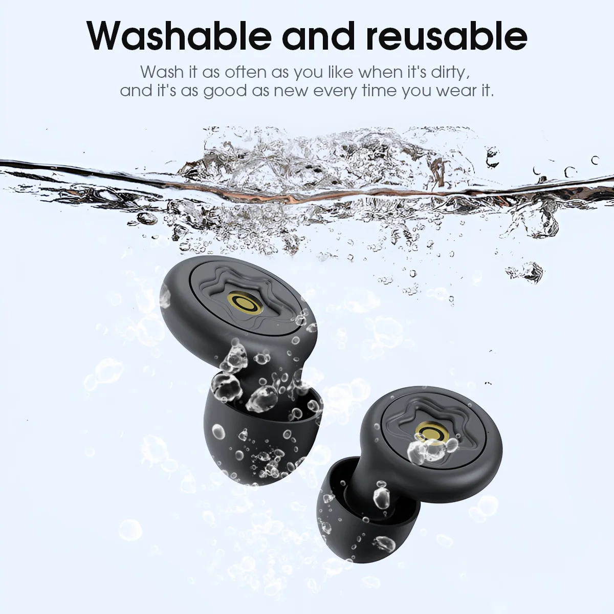 Bouchons d'oreilles antibruit en silicone de qualité alimentaire, portés par une personne, illustrant le confort