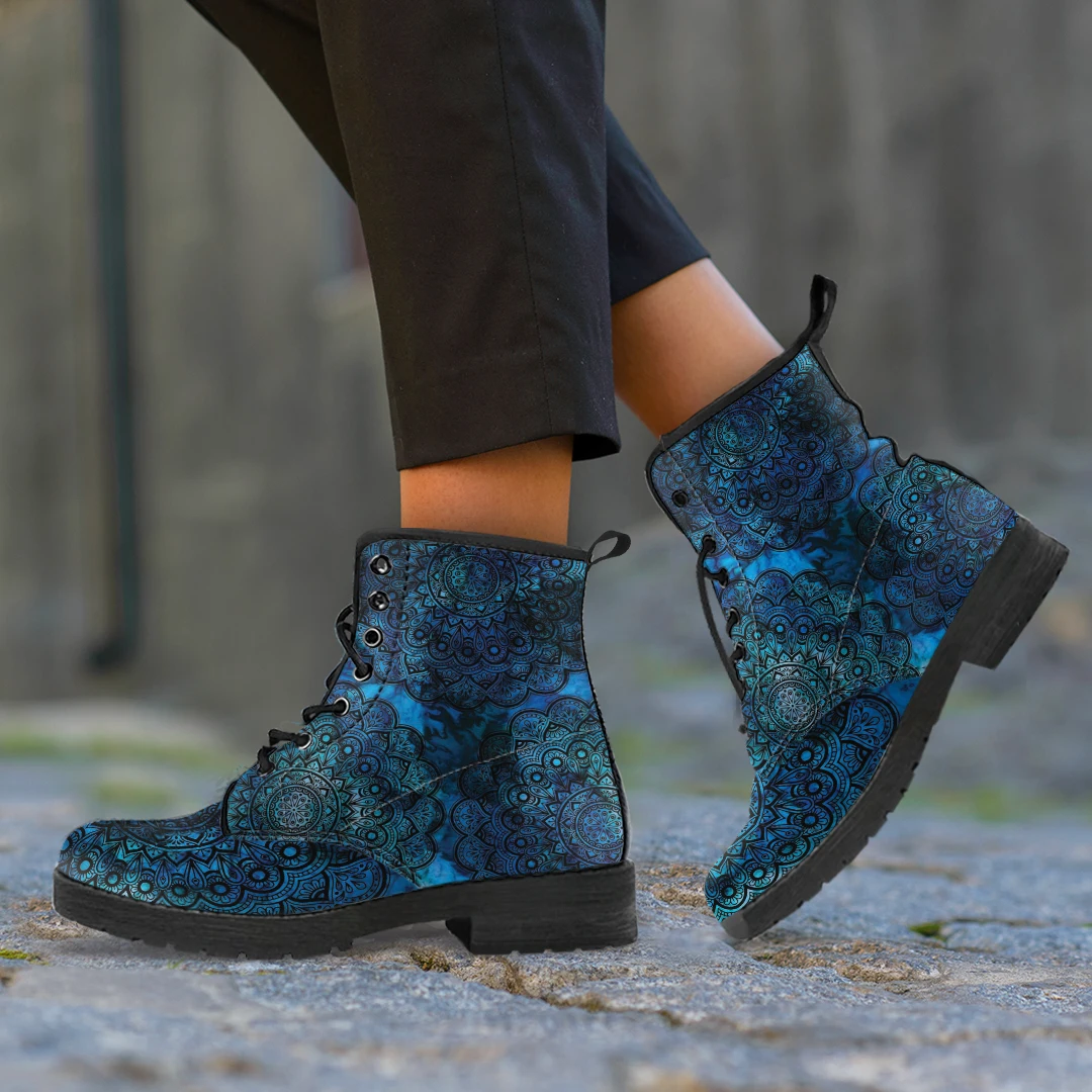 Autumn Winter Lace-up Ladies Ankle Boots Street Mandala Design Durable Women Booties Print On Demand Casual Female Leather Boots