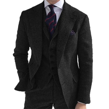 Nuovo abito invernale da uomo in tweed di lana per matrimonio smoking formale da sposo a spina di pesce moda maschile abito da 3 pezzi (giacca + gilet + pantaloni) 1
