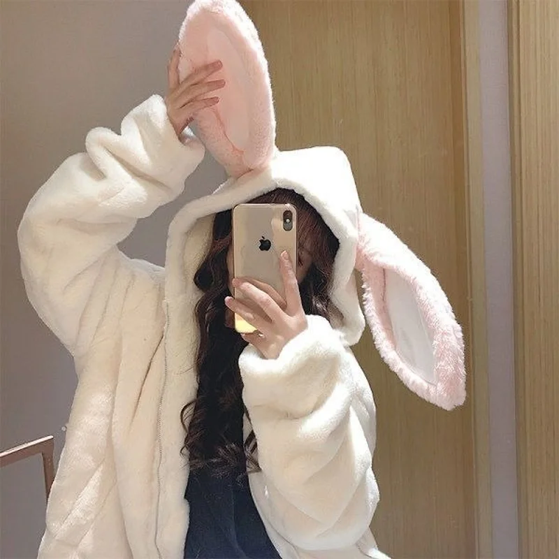 

HOUZHOU Japanese Fashion Kawaii Hooded Sweatshirts Harajuku Zip Up Hoodie Faux Lamb Fleece Pullover Bunny Ears Oversized Hoodie