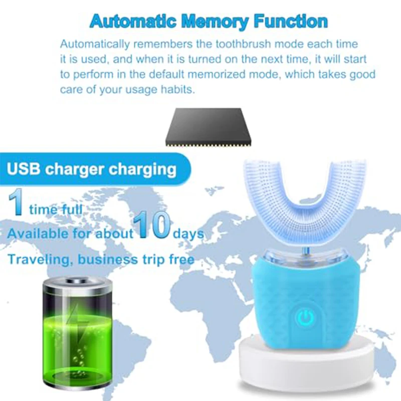 휴대용 U자형 전동칫솔, 초음파 360도 세척, 실리콘 미백 자동칫솔, 구강용품