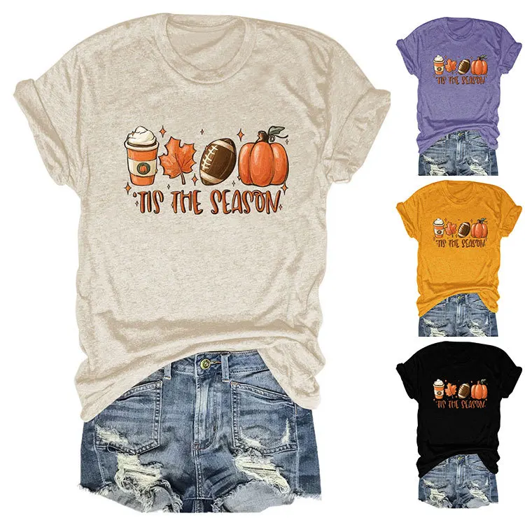 Summer crew neck short sleeve T-shirt TIS THE SEASON print fashion casual top women