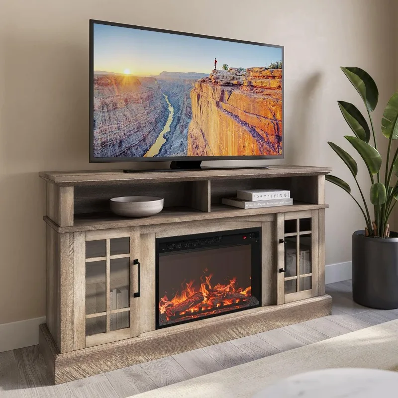 

Traditional 58" Rustic TV Stand with 23" Electric Fireplace Heater, Media Entertainment Center Console Table for TV up to 65"
