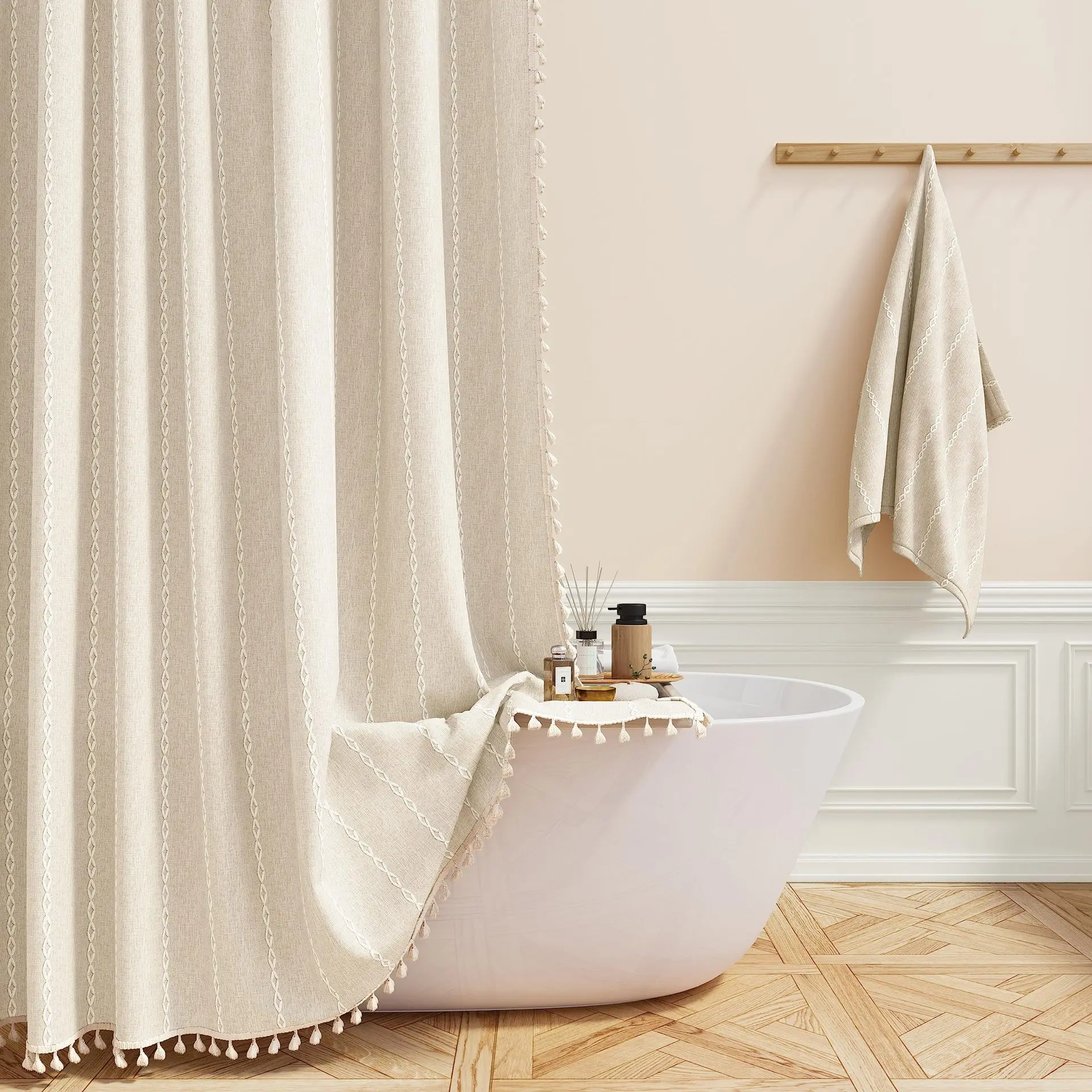 Boho Chic Striped Shower Curtain White Hooks Waterproof Machine Washable Polyester Bathroom/Decor Shower Curtain 1 Set