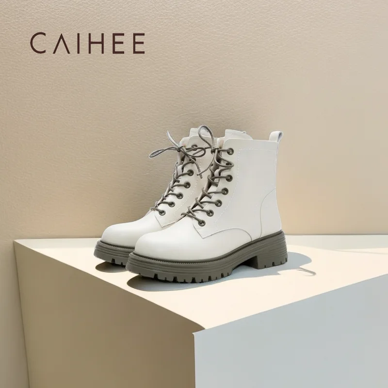 

CAIHEE Women Genuine Leather Ankle Chelsea Boots Platform Thick Mid Heel Zipper Short Boots Round Toe Lady Shoes Autumn Winter