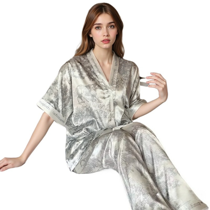 Pajamas Women Ice Silk Cardigan Short Sleeve Long Pants Fashion Casual Silk Wearable Homewear Green Letter Suit