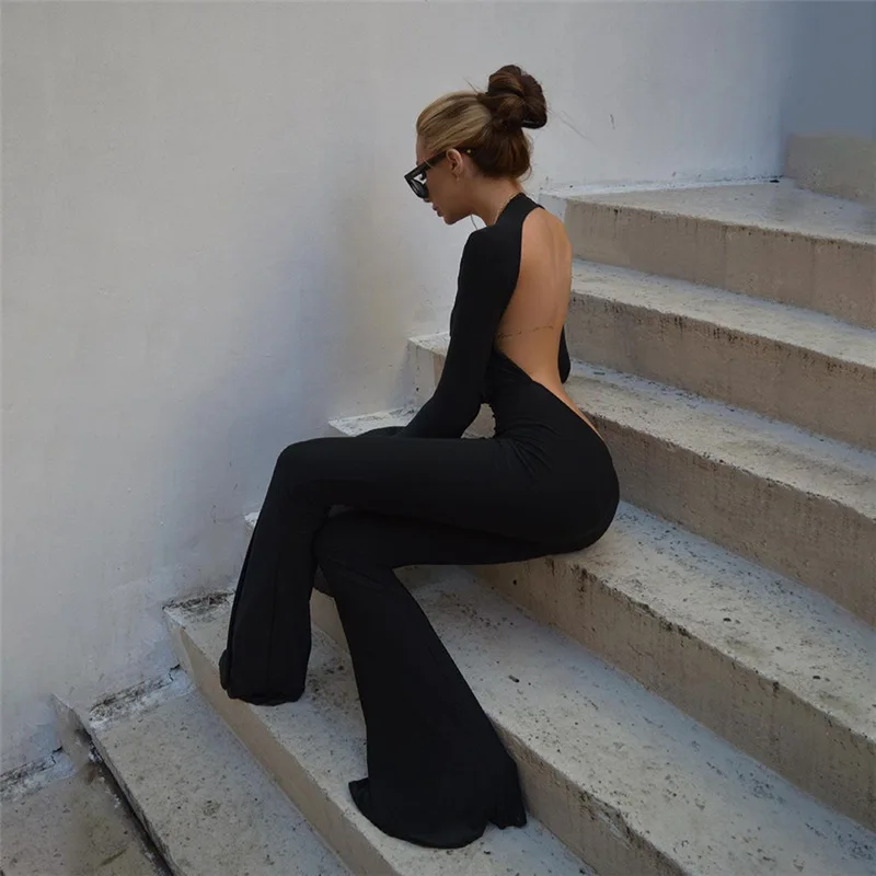 Solid Black Sexy Backless Bodycon Wide Leg Jumpsuit Women Autumn Casual Slim Long Sleeve O-Neck Playsuit Lady Streetwear