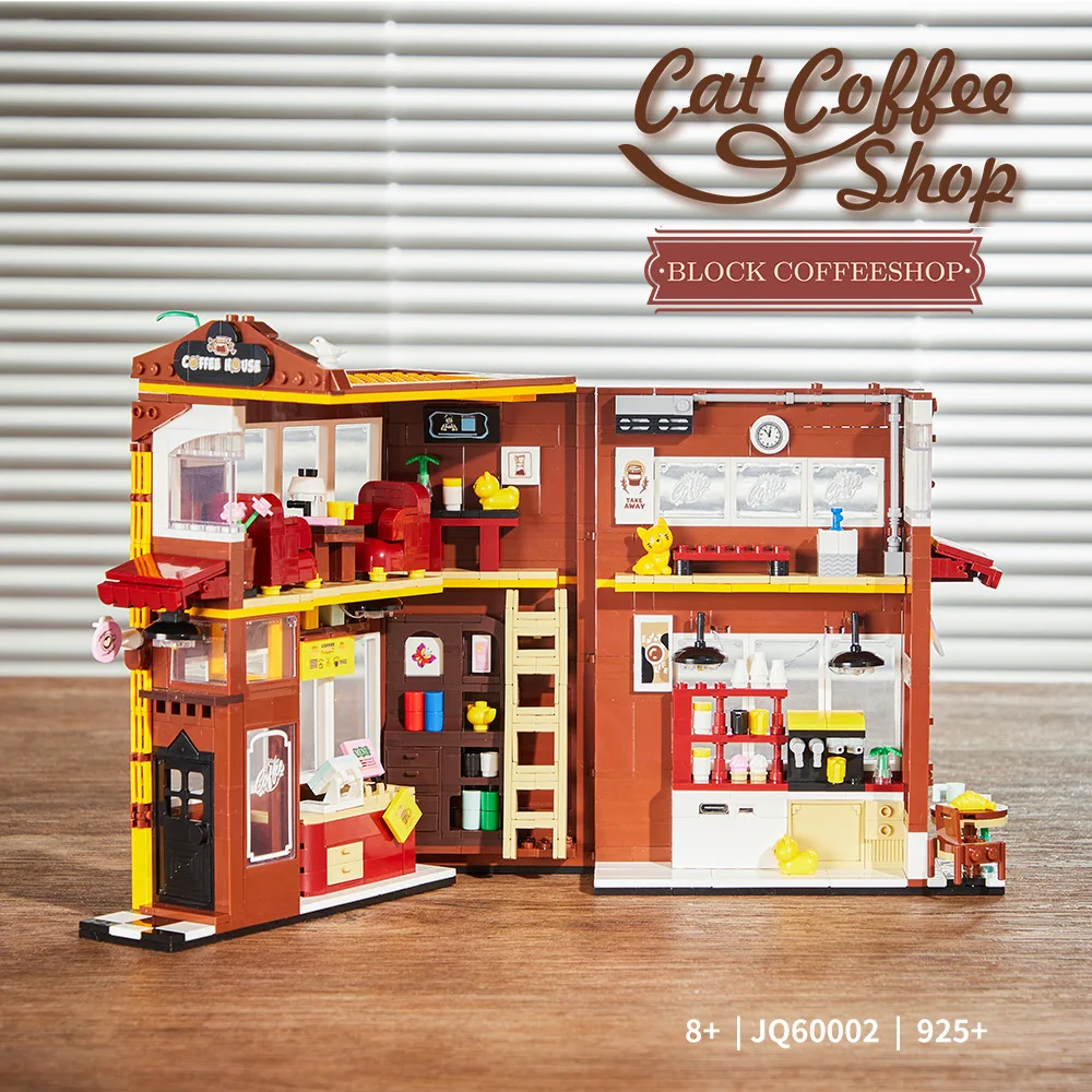 MOC Cat Bookstore Cafe Flower Shop Expandable Building Blocks Street View Creative Bookends with Light Kids Toys Adults Gifts