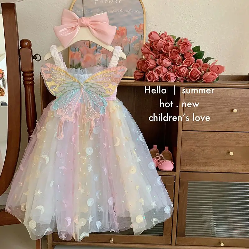 

Cute Princess Dress Baby Girl Korean Style New Summer Square Collar Mesh Sleeveless Dresses Children Clothing