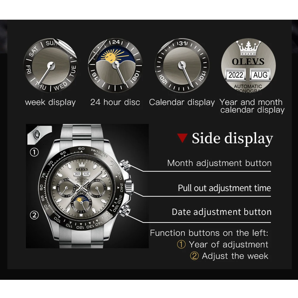 OLEVS Automatic Mechanical Watches for Men Stainless Steel Strap Luxury Brand Luminous Waterproof High Quality Man Wrist Watch