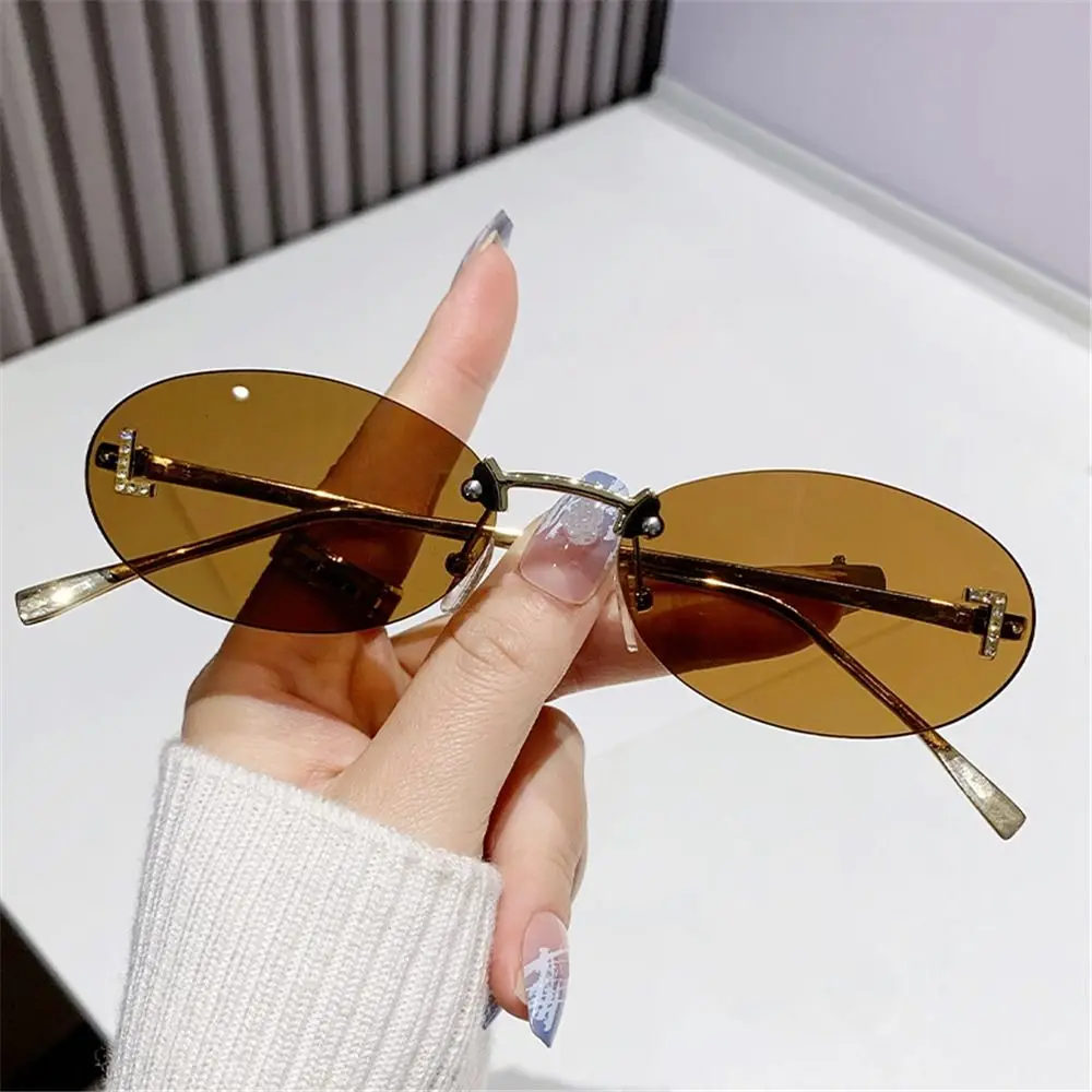 

Rimless Oval Sunglasses Fashion Y2K UV400 Protection Letter Decor Sun Glasses Letter Decor Metal Shades for Women & Men