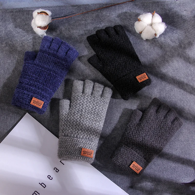 Winter Fingerless Gloves For Men Knitted Half Finger Glove Warm Wool Elastic Driving Gloves Outdoor Touchscreen Glove