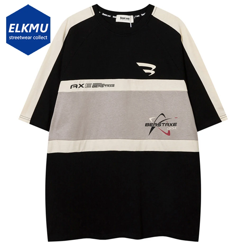 

Футболка мужская оверсайз в стиле пэчворк, уличная одежда в стиле Харадзюку, свободная рубашка в стиле хип-хоп, Повседневный хлопковый топ черного, бежевого цветов, 2024