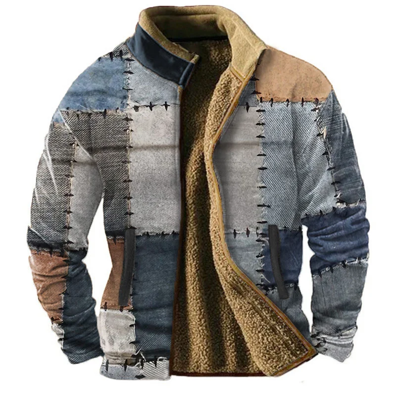Graphic Patchwork Men's Daily Zip Sweatshirt Holiday Vacation Going out Sweatshirts Brown Long Sleeve Stand Collar Fleece Winter