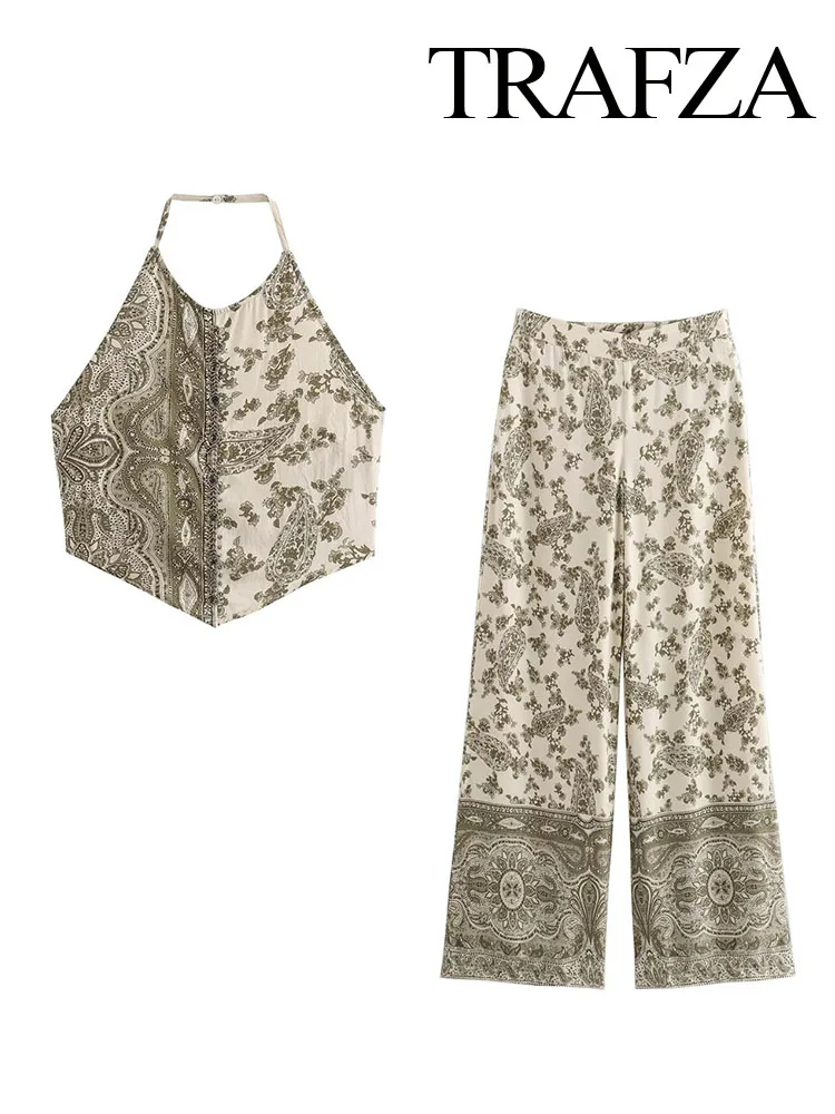 

Женский летний комплект из 2 предметов TRAFZA, короткий топ без рукавов с рисунком в стиле бохо и элегантные повседневные широкие брюки со средней талией