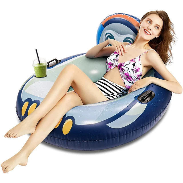 Inflatable Pool Float Lounger with Backrest Penguin Owl Swimming Ring River Run Pool Tube with Mesh Bottom Handles Drink Holder 1