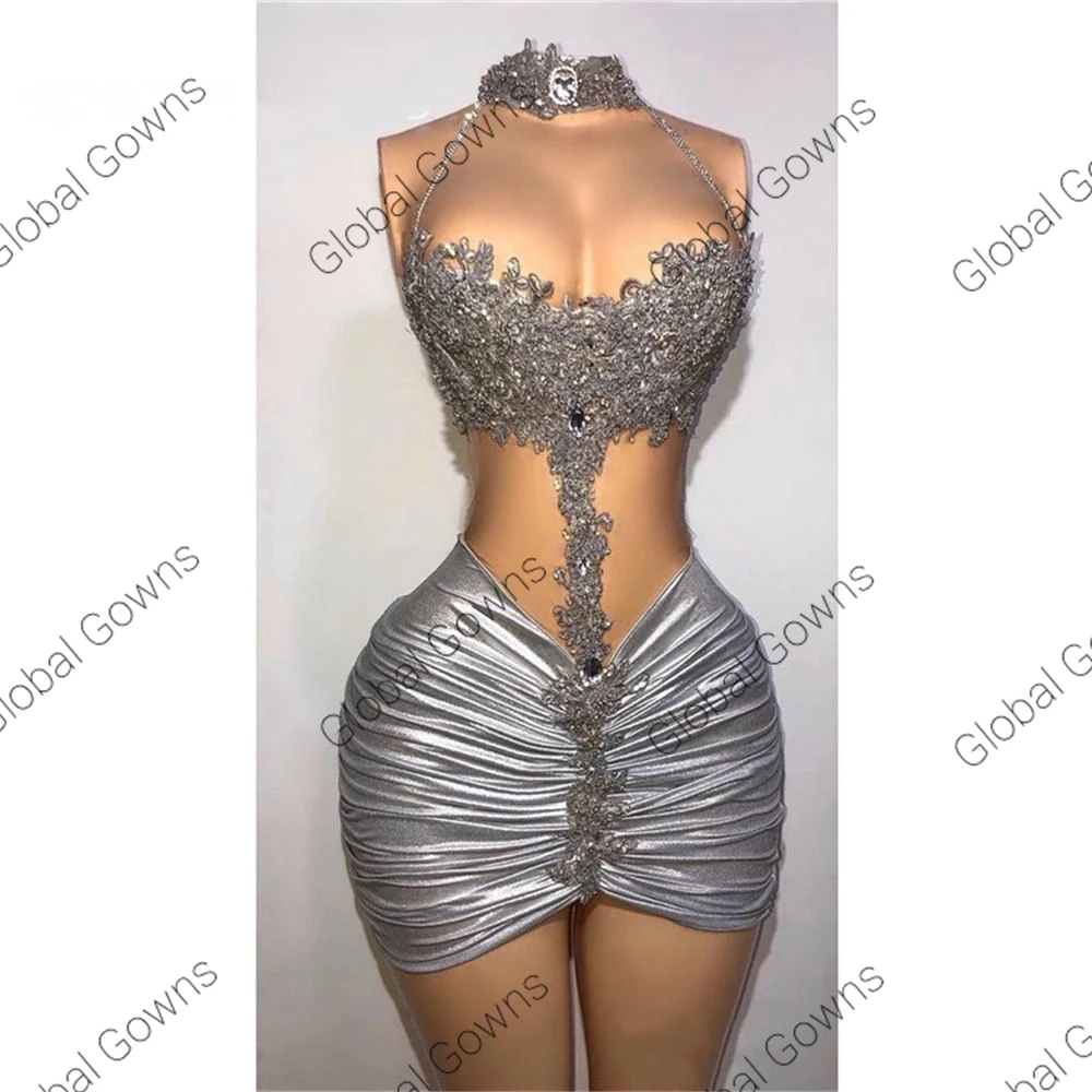 Sliver Short Prom Dresses 2022 For Black Girls Beaded Crystal Birthday Party Dress Mini Cocktail Nigeria Vestido De Festa Longo windsor prom dresses