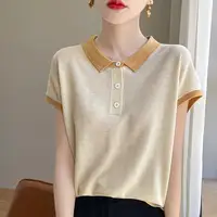 Women's Polo Contrast Color Knitted T-shirts Luxury High Quality Original in Trend 2025 Korean Style Clothing Baggy Female Tee - Image 2