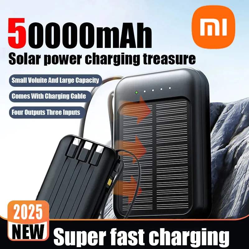 Power Bank 50000mAh Solar Power Bank Built Cables Fast Charger 2 USB Ports External Charger Power Bank LED Light For Iphone Xiaomi Samsung
