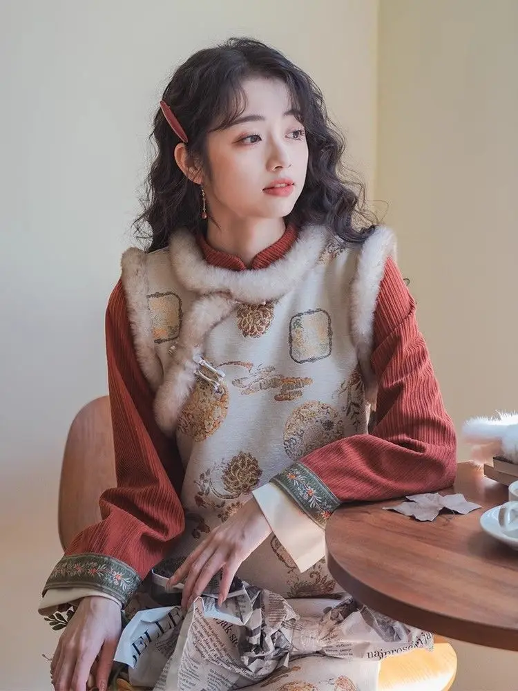 Autumn Winter Chinese Style Thickened Cheongsam Red Set Chinese Qipao Style Elegant Temperament All-Match Dress chinese dress