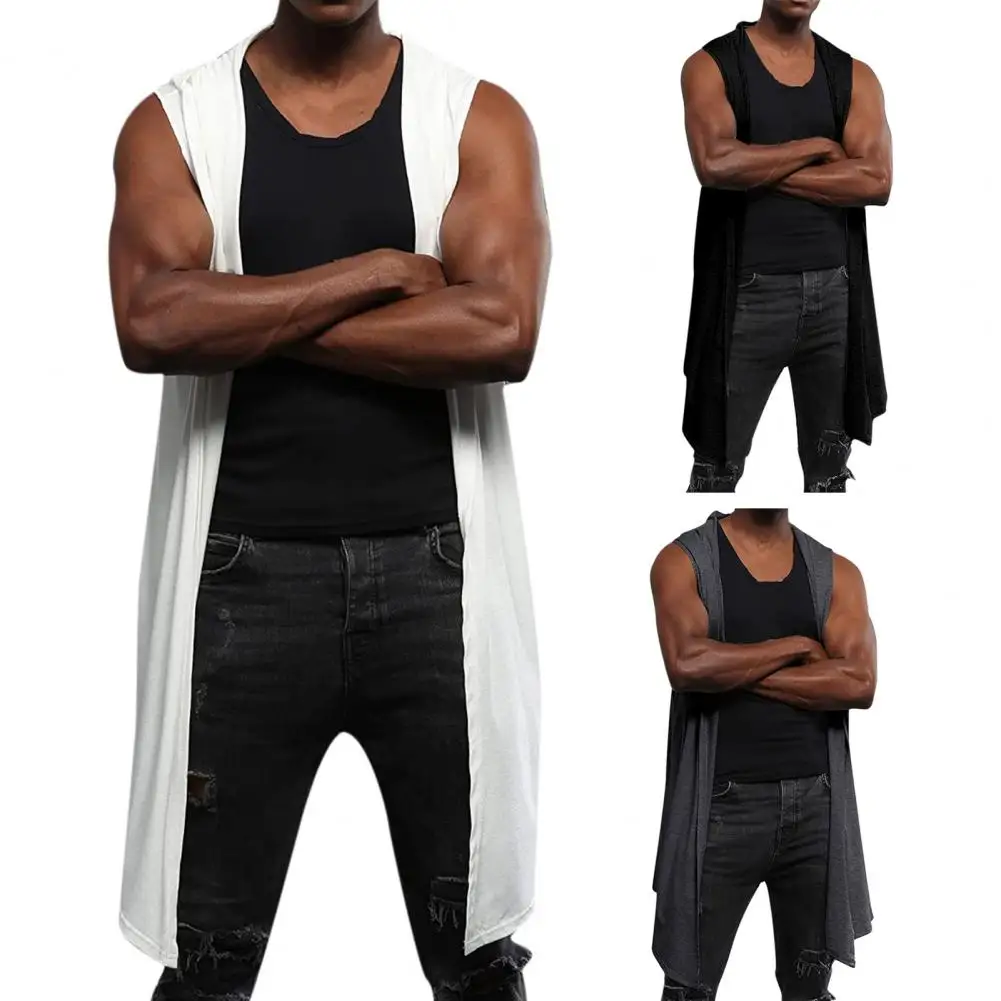 Open Stitch Hooded Hat Men Long Cardigan Coat Soft Breathable Men Autumn Coat Stylish Sleeveless Spring Jacket For Daily Wear