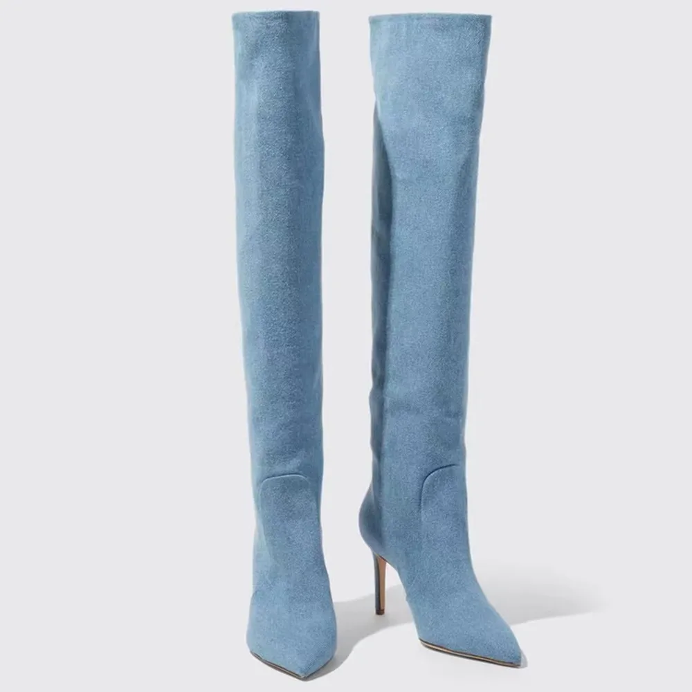 

Women Over The Knee High Boots Fashion Denim Thin High Heels Pointed Toe Elegant Party High Boots Concise Female Shoes Woman