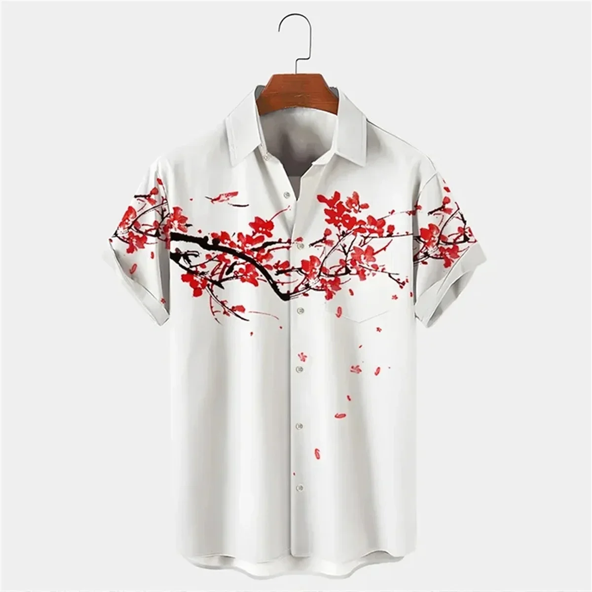 Short Sleeved Shirt Sakura Pattern Japanese Vintage Art Linen Bamboo Joint Cotton Casual Hawaiian Vacation