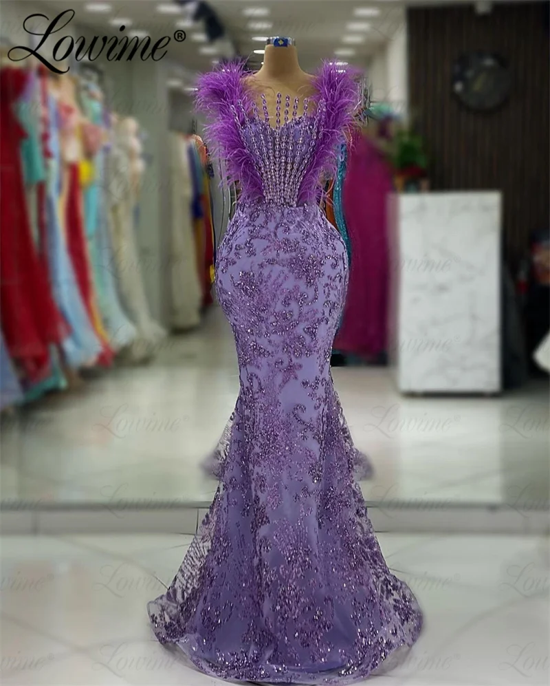 

Feathers Aso Ebi Arabic Purple Mermaid Prom Dress Crystals Formal Party Birthday Engagement Gowns Long Customize Evening Dresses