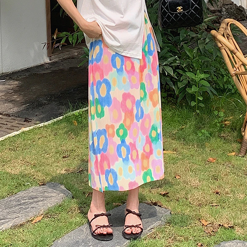 

Floral Printed Straight Skirt For Women Elastic Waist Mid-long Split Pleated Skirts Female Korean Fashion Summer Jupe SK003