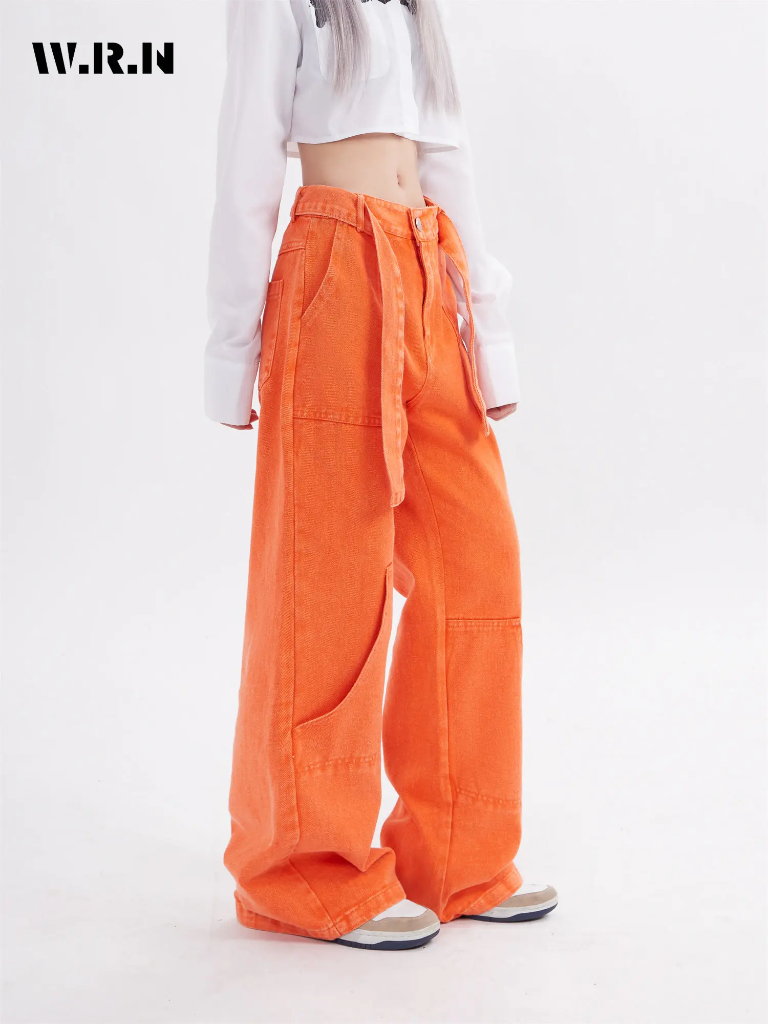 

American Retro 90's Women's Casual Overalls Solid Color Loose Wide Leg Pants High Street Oversized Y2k Belt Design Cargo Pants